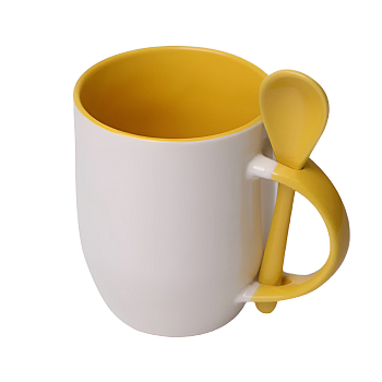 Кружка керамика белая, внутри, ручка и ложка желтые 330мл